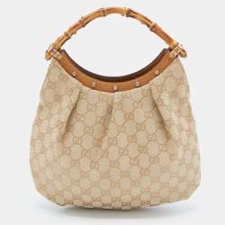 Pre Owned Gucci Beige GG Canvas and Leather Bamboo Handle Hobo