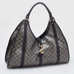 Pre Owned Gucci Grey/Black GG Crystal Canvas and Leather Large Bardot Joy Tote