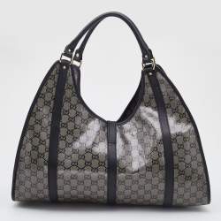 Pre Owned Gucci Grey/Black GG Crystal Canvas and Leather Large Bardot Joy Tote