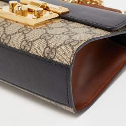 Pre Owned Gucci Black/Beige GG Supreme Canvas and Leather Small Padlock Shoulder Bag