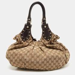 Pre Owned Gucci Ebony/Beige GG Canvas and Leather Small Studded Hobo