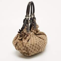 Pre Owned Gucci Ebony/Beige GG Canvas and Leather Small Studded Hobo