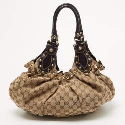 Pre Owned Gucci Ebony/Beige GG Canvas and Leather Small Studded Hobo