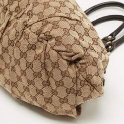 Pre Owned Gucci Ebony/Beige GG Canvas and Leather Small Studded Hobo