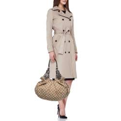 Pre Owned Gucci Ebony/Beige GG Canvas and Leather Small Studded Hobo