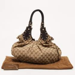 Pre Owned Gucci Ebony/Beige GG Canvas and Leather Small Studded Hobo