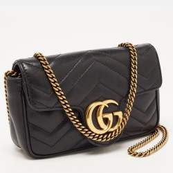 Pre Owned Gucci Black Matelassé Leather Super Mini GG Marmont Shoulder Bag