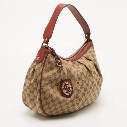 Pre Owned Gucci Red/Beige GG Canvas and Leather Medium Sukey Hobo