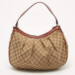 Pre Owned Gucci Red/Beige GG Canvas and Leather Medium Sukey Hobo