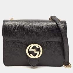 Pre Owned Gucci Black Leather Dollar Interlocking G Crossbody Bag