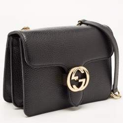 Pre Owned Gucci Black Leather Dollar Interlocking G Crossbody Bag