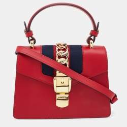 Gucci Red Leather Mini Web Chain Sylvie Top Handle Bag
