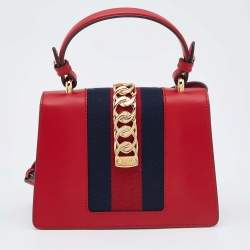 Gucci Red Leather Mini Web Chain Sylvie Top Handle Bag