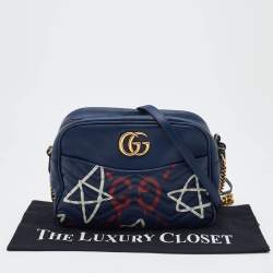 Pre Owned Gucci Blue Graffiti Leather GG Marmont Gucci Ghost Shoulder Bag