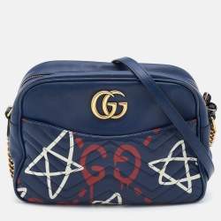Pre Owned Gucci Blue Graffiti Leather GG Marmont Gucci Ghost Shoulder Bag