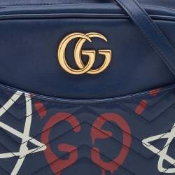 Pre Owned Gucci Blue Graffiti Leather GG Marmont Gucci Ghost Shoulder Bag