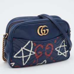 Pre Owned Gucci Blue Graffiti Leather GG Marmont Gucci Ghost Shoulder Bag