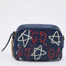 Pre Owned Gucci Blue Graffiti Leather GG Marmont Gucci Ghost Shoulder Bag