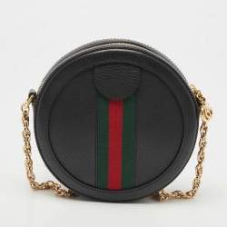 Pre Owned Gucci Black Leather Mini Ophidia Round Shoulder Bag