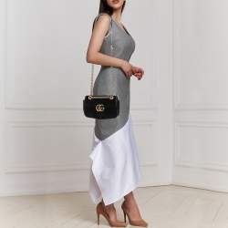 Pre Owned Gucci Black Velvet Matelassé Velvet Mini GG Marmont Shoulder Bag