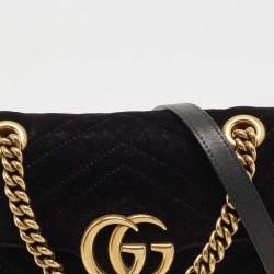Pre Owned Gucci Black Velvet Matelassé Velvet Mini GG Marmont Shoulder Bag