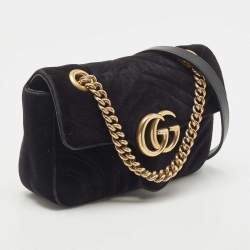Pre Owned Gucci Black Velvet Matelassé Velvet Mini GG Marmont Shoulder Bag