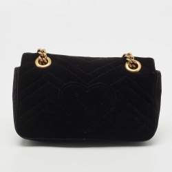 Pre Owned Gucci Black Velvet Matelassé Velvet Mini GG Marmont Shoulder Bag