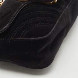 Pre Owned Gucci Black Velvet Matelassé Velvet Mini GG Marmont Shoulder Bag