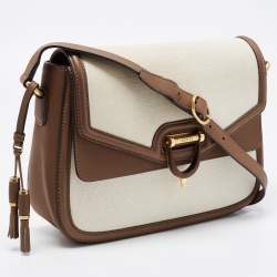 Pre Owned Gucci Brown/Off White Canvas and Leather Derby Shoulder Bag