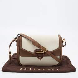 Pre Owned Gucci Brown/Off White Canvas and Leather Derby Shoulder Bag