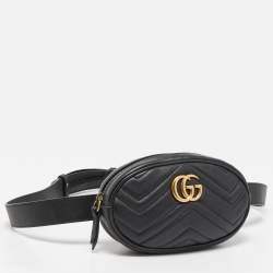 Pre Owned Gucci Black Matelassé Leather GG Marmont Belt Bag