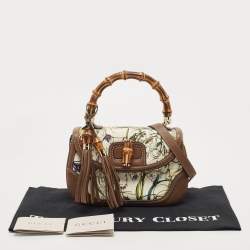 Pre Owned Gucci Multicolor Floral Canvas and Leather Medium Tassel New Bamboo Top Handle Bag