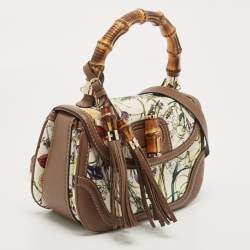Pre Owned Gucci Multicolor Floral Canvas and Leather Medium Tassel New Bamboo Top Handle Bag