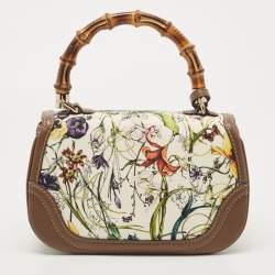 Pre Owned Gucci Multicolor Floral Canvas and Leather Medium Tassel New Bamboo Top Handle Bag