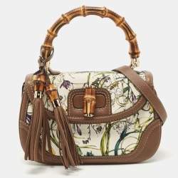 Pre Owned Gucci Multicolor Floral Canvas and Leather Medium Tassel New Bamboo Top Handle Bag