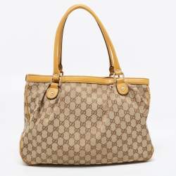 Pre Owned Gucci Yellow/Beige GG Canvas and Leather Medium Sukey Tote