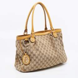 Pre Owned Gucci Yellow/Beige GG Canvas and Leather Medium Sukey Tote