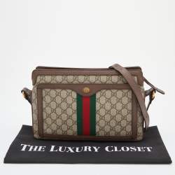 Gucci Beige/Brown GG Canvas and Leather Medium Ophidia Zip Crossbody Bag