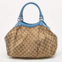 Pre Owned Gucci Blue/Beige GG Canvas and Leather Medium Sukey Tote