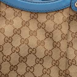 Pre Owned Gucci Blue/Beige GG Canvas and Leather Medium Sukey Tote