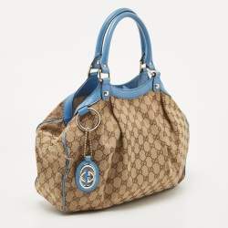Pre Owned Gucci Blue/Beige GG Canvas and Leather Medium Sukey Tote
