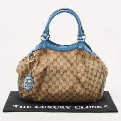 Pre Owned Gucci Blue/Beige GG Canvas and Leather Medium Sukey Tote