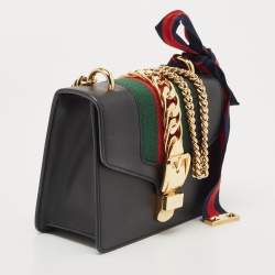 Pre Owned Gucci Black Leather Mini Web Chain Sylvie Shoulder Bag