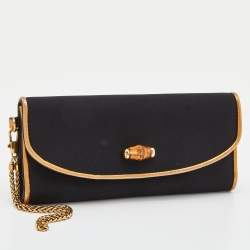 Pre Owned Gucci Black Satin and Leather Wristlet Clutch