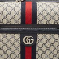 Pre Owned Gucci Dark Blue/Beige GG Supreme Canvas and Leather Small Web Savoy Cabin Trolley
