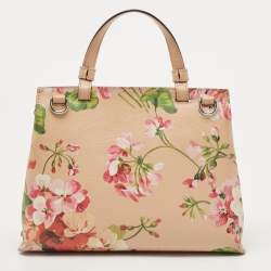 Pre Owned Gucci Pink Apricot Blooms Print Leather Bamboo Daily Top Handle Bag