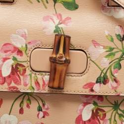 Pre Owned Gucci Pink Apricot Blooms Print Leather Bamboo Daily Top Handle Bag