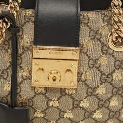 Gucci Black/Beige GG Bees Supreme Canvas Small Padlock Shoulder Bag