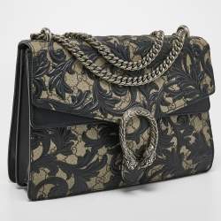 Pre Owned Gucci Black/Beige GG Supreme Canvas and Leather Medium Dionysus Arabesque Shoulder Bag