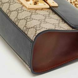 Pre Owned Gucci Black/Beige GG Supreme Canvas and Leather Small Padlock Shoulder Bag